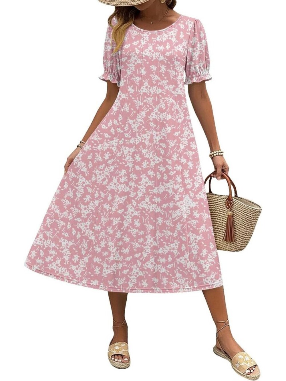 Summer Midi Dress for Women | Casual Flare Dress with Puff Sleeves & Pockets